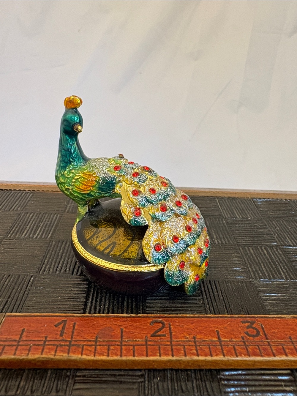 Decorative Miniature Peacock Trinket Box in Green and Gold